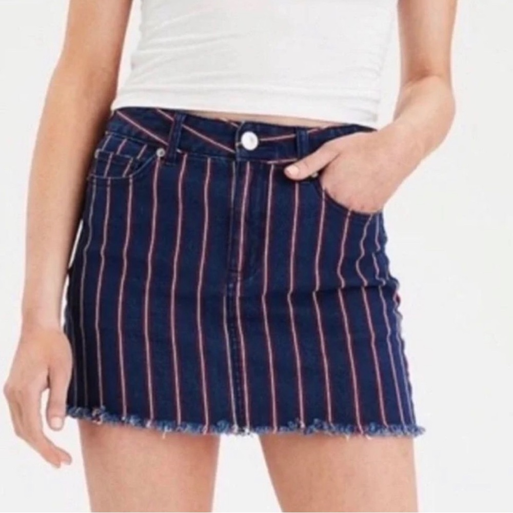 American Eagle Red, White, and Blue Striped Hi-Rise Mini Jean Skirt